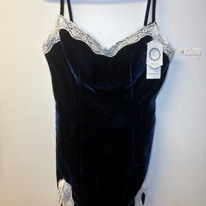 Elegant Navy Blue Lace Trim Dress